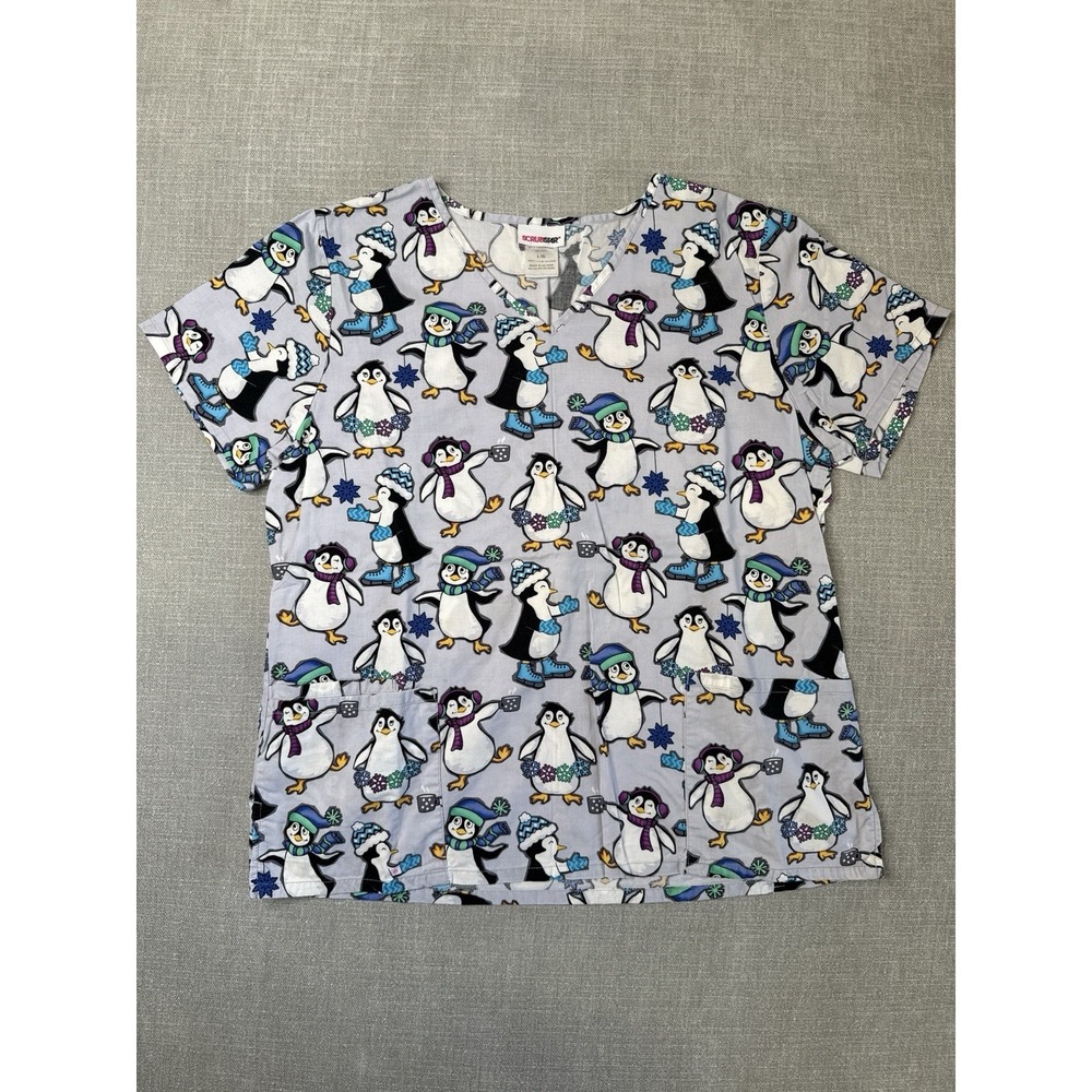 scrubstar scrub top women's Large gray winter penguin print 3 pocket v-neck